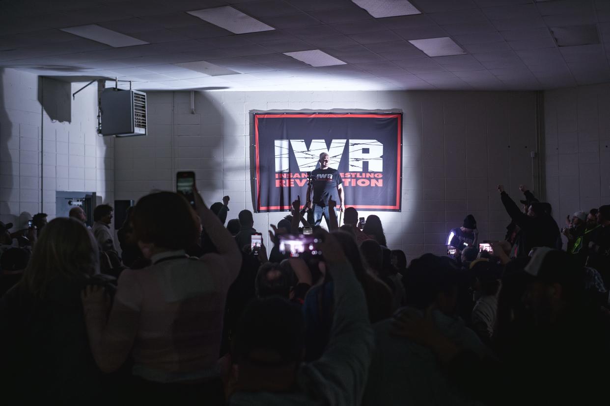 During the main event at IWR 26-Armageddon, wrestling fans went crazy to see on a platform in front of the IWR banner, ECW Legend and Hardcore Icon The Sandman.