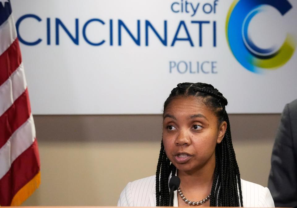 Cincinnati City Manager Sheryl Long, talks during a press conference on the use of deadly force incident that resulted in the death of Juan Mack, 48, in front of Music Hall, Thursday, June 27, 2024.