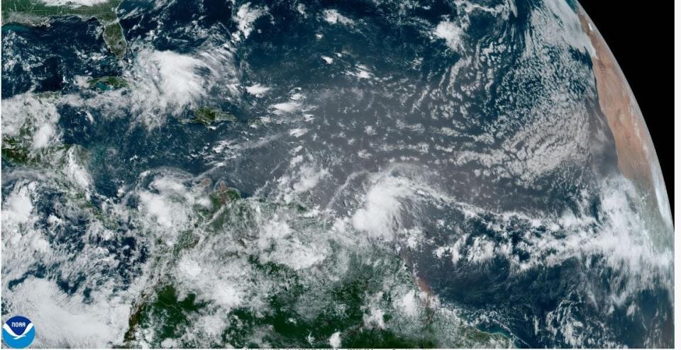 A large plume of Saharan dust is seen across the main development region of the Atlantic for tropical cyclones on June 24, 2024. Dust outbreaks are common this time of year and work to inhibit tropical development.