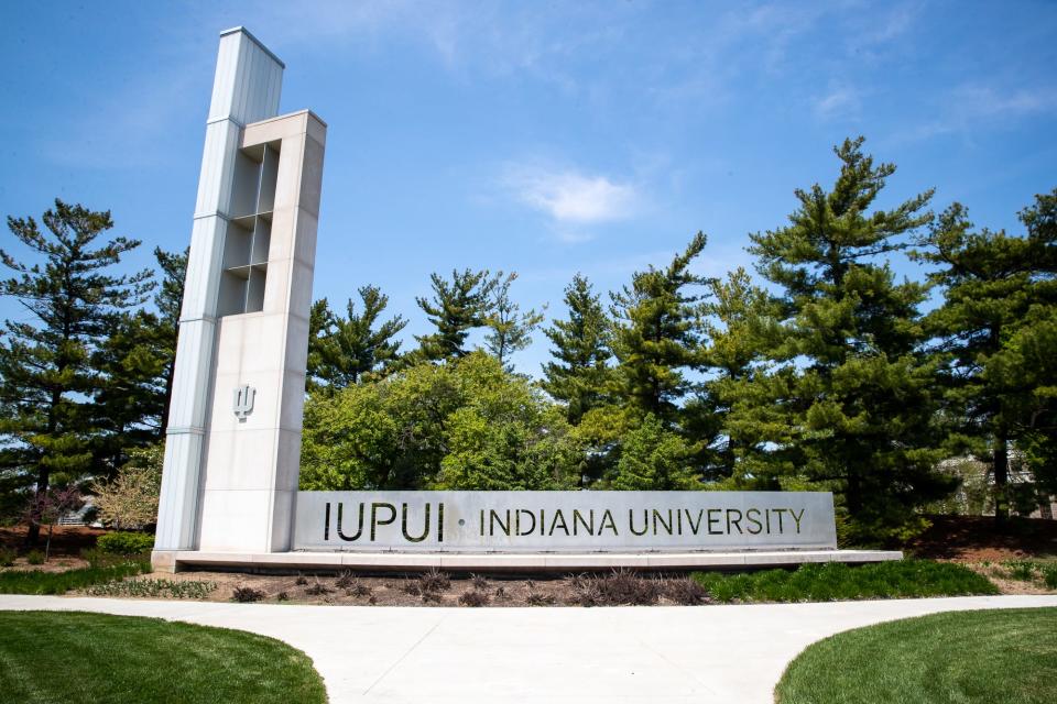 An entrance to the IUPUI campus welcomes students, faculty and other visitors just off North West Street in Indianapolis on Tuesday, April 27, 2021.