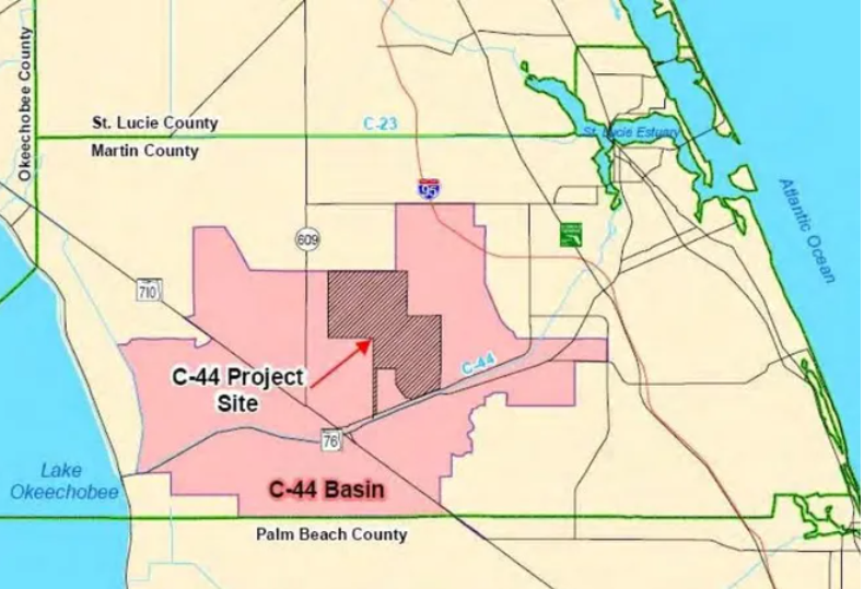 Map showing the site of the C-44 Reservoir and Stormwater Treatment Area, as well as the drainage area from which the project will draw water. Provided photo.