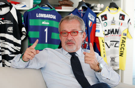 President of Lombardy Roberto Maroni gestures during an interview with Reuters in his office in Milan, Italy, October 12, 2017. REUTERS/Alessandro Garofalo