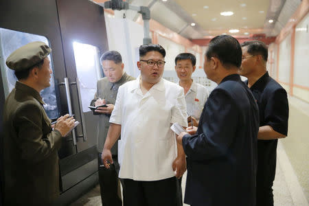 North Korean leader Kim Jong-Un inspects the January 18 General Machine Plant in Pyongyang. KCNA/via REUTERS