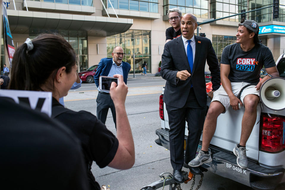 Booker speaks with supporters after the Democratic Hall of Fame event in Cedar Rapids, Iowa on June 9. | Danny Wilcox Frazier—VII for TIME