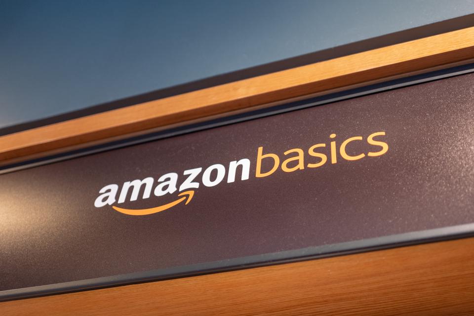 Close-up of sign for Amazon Basics, a private label brand of Amazon providing low-cost, basic technology and other home products, August 31, 2019. (Photo by Smith Collection/Gado/Getty Images)
