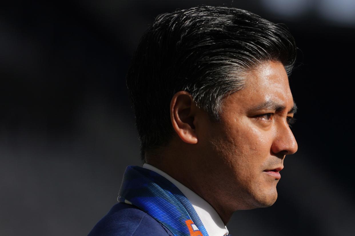 FC Cincinnati team members listen as Cincinnati Mayor Aftab Pureval addresses the team before practice, Thursday, Feb. 23, 2023, at TQL Stadium in the West End neighborhood of Cincinnati. 