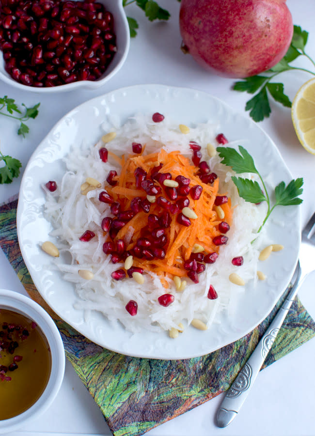 Photo: Naturelita<br> Winter Detox Salad<br><br> A jewel-colored fresh winter slaw of root vegetables and gem-like pomegranate seeds. Plus: a green winter juice!<br><br> Recipe: <a href="http://www.naturelita.com/2013/01/a-green-juice-and-detox-salad/#" rel="nofollow noopener" target="_blank" data-ylk="slk:Winter Detox Salad;elm:context_link;itc:0;sec:content-canvas" class="link ">Winter Detox Salad</a>