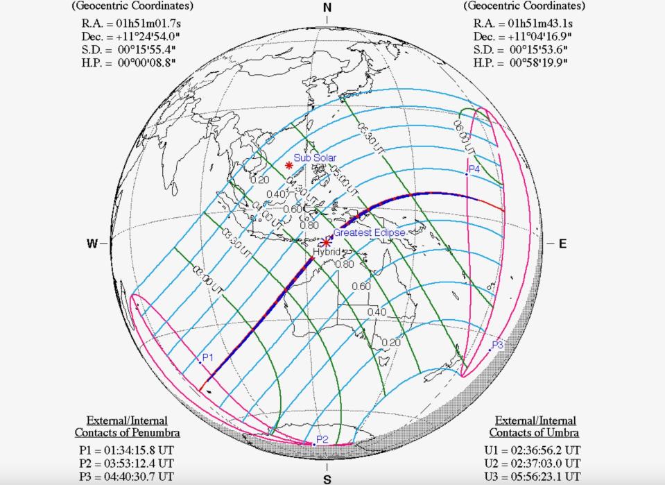 Map showing where the hybrid solar eclipse of April 20, 2023 will be visible.