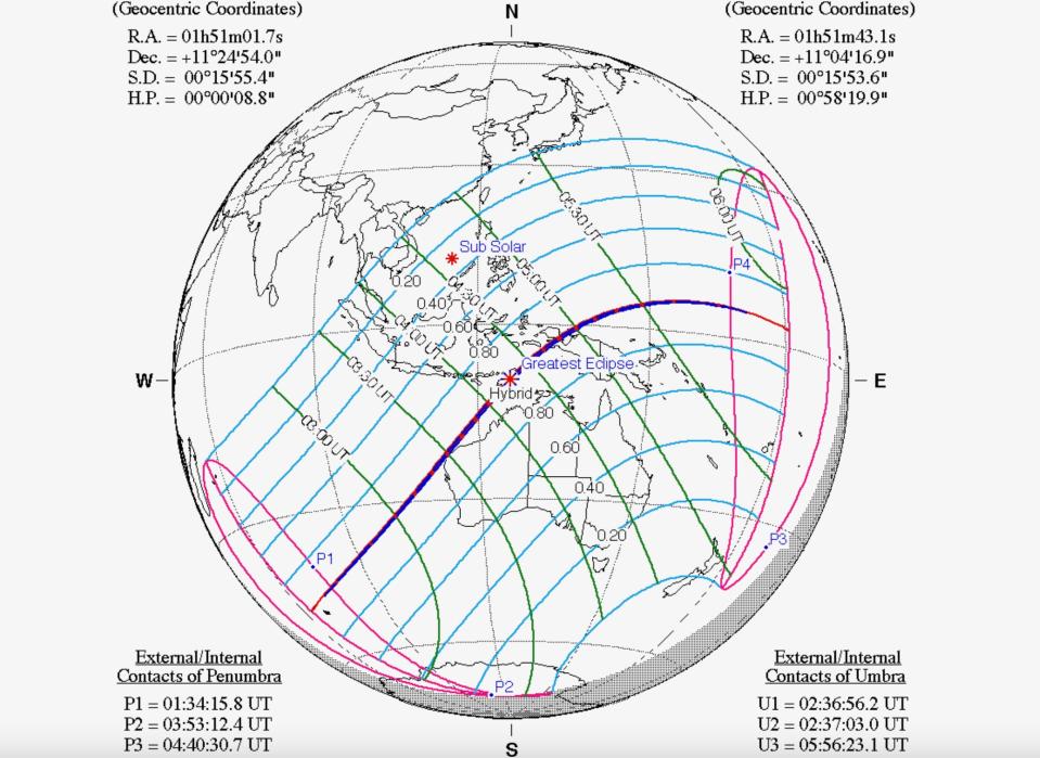 What time is the rare hybrid solar eclipse on April 20?