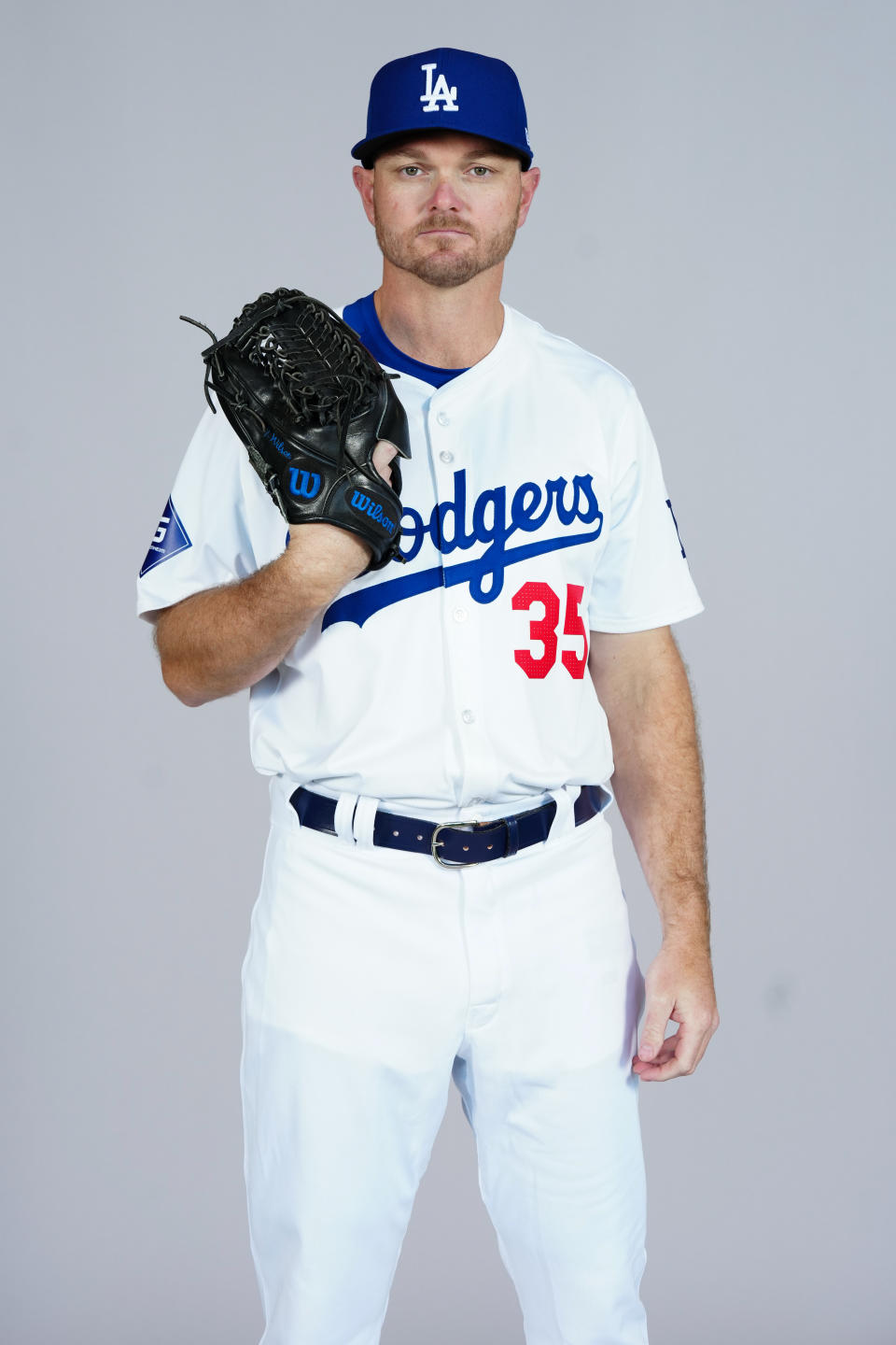 GLENDALE, AZ - FEBRUARY 21: Justin Wilson #35 of the Los Angeles Dodgers poses for a photo during the Los Angeles Dodgers Photo Day at Camelback Ranch on Wednesday, February 21, 2024 in Glendale, Arizona. (Photo by Mary DeCicco/MLB Photos via Getty Images)