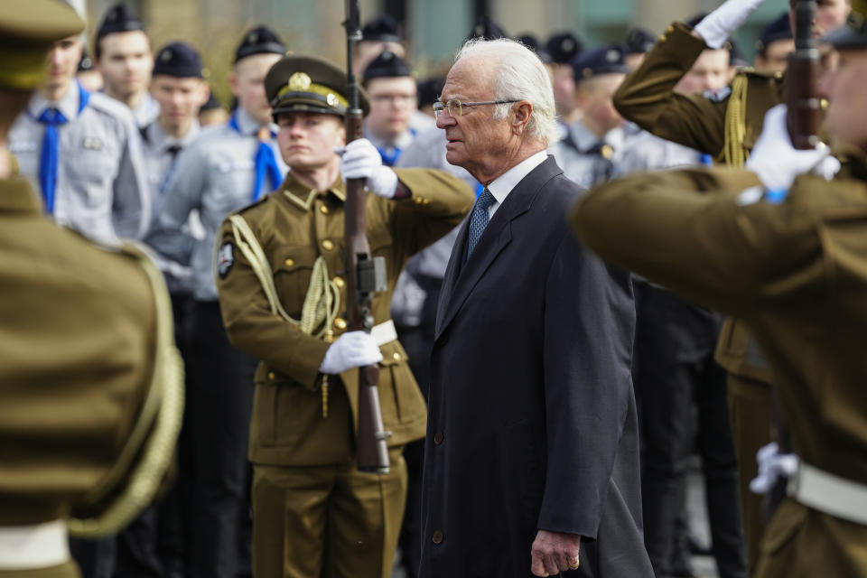 Sweden's King Carl XVI Gustaf attends an official welcoming ceremony at Vabaduse (Freedom) square in Tallinn, Estonia, Tuesday, May 2, 2023. (AP Photo/Pavel Golovkin)