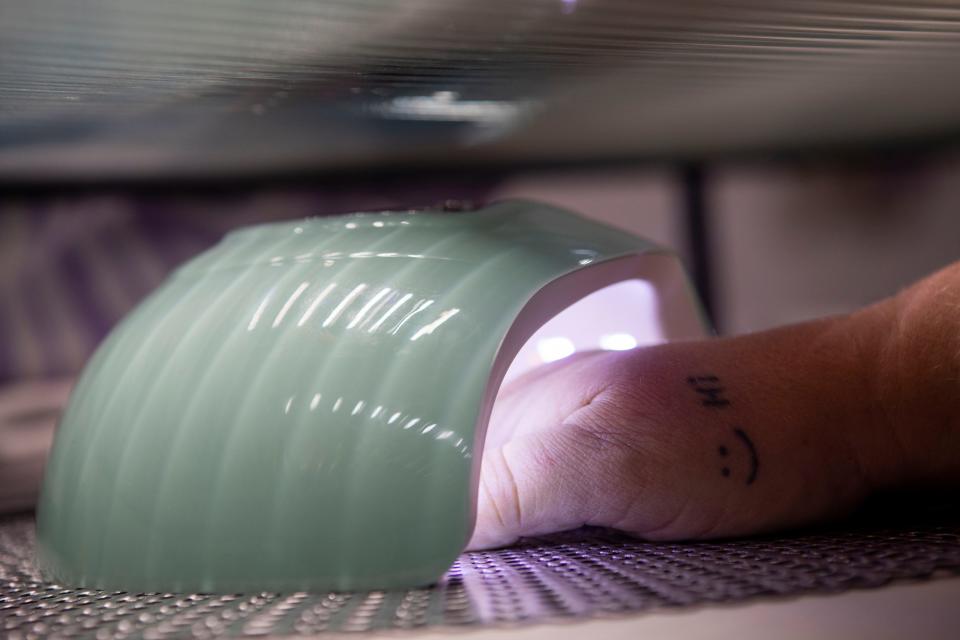 A nail dryer is used to cure the freshly applied gel. These dryers carry risk similar to tanning beds: Repeated exposure to the UV light can cause skin cancer.