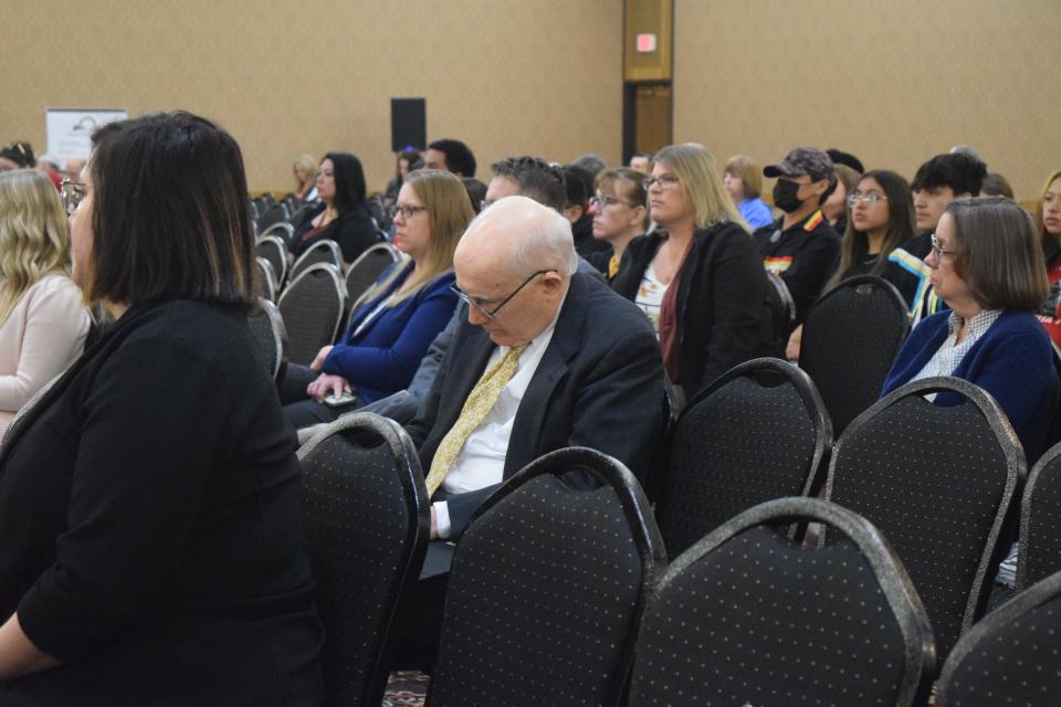 William Morrisey (center), a retired politics professor from Hillsdale College and the facilitator of the 2022 workgroup, listens to comments during a Board of Education Standards meeting in Pierre on April 17, 2023.