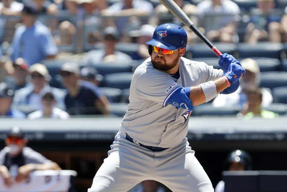 NEW YORK, NEW YORK - JULY 13:   Rowdy Tellez #44 of the Toronto Blue Jays in action against the New York Yankees at Yankee Stadium on July 13, 2019 in New York City. The Blue Jays defeated the Yankees 2-1. (Photo by Jim McIsaac/Getty Images)