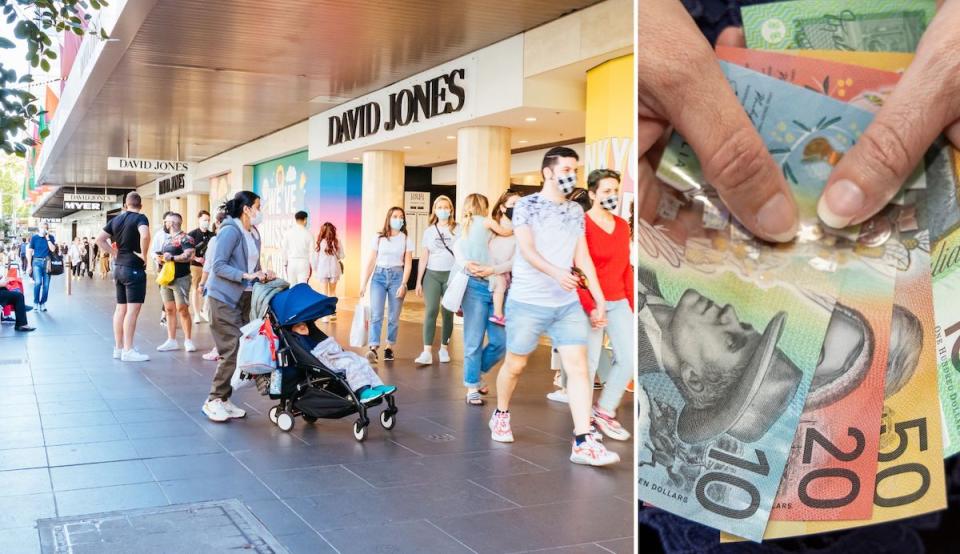 Compilation image of shoppers spending money and a hand fanning out Australian dollar notes