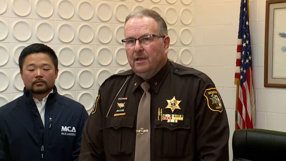 Monroe County Sheriff Troy Goodnough speaks at a press conference on Saturday, April 20, 2024. - WXYZ