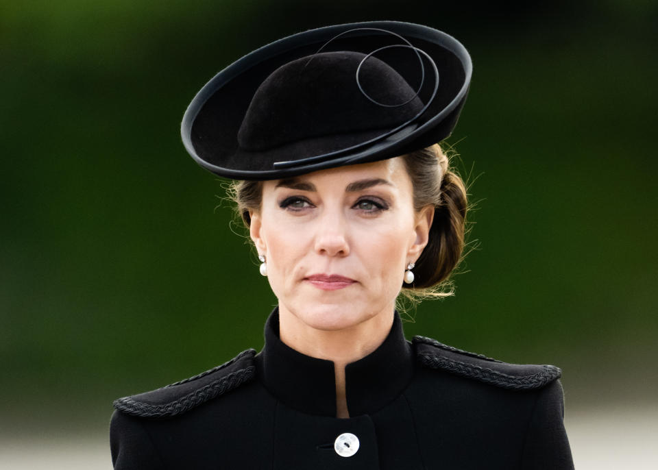 The royal mother-of-three has been seen exclusively in pearls since Her Majesty's passing. (Getty Images)