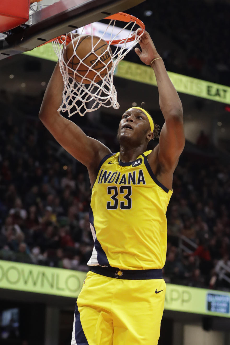 Indiana Pacers' Myles Turner dunks the ball against the Cleveland Cavaliers in the second half of an NBA basketball game, Saturday, Feb. 29, 2020, in Cleveland. Indiana won 113-104. (AP Photo/Tony Dejak)