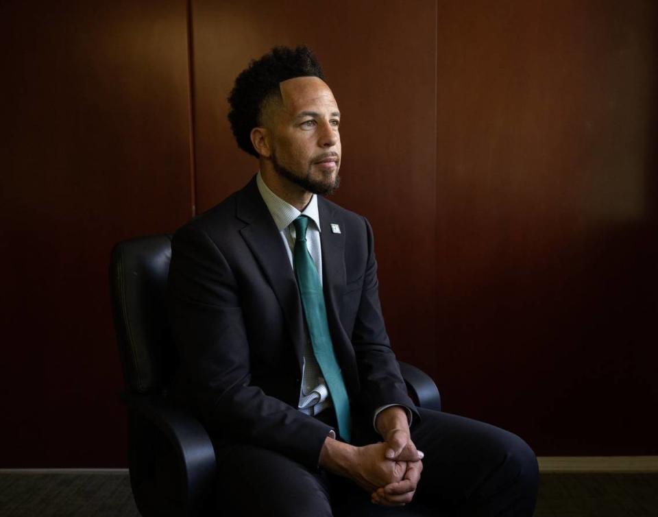 Incoming Sacramento State President J. Luke Wood, 41, poses for a portrait on campus on Tuesday. Current president Robert S. Nelsen, who has served in that position since 2015, is retiring next month.