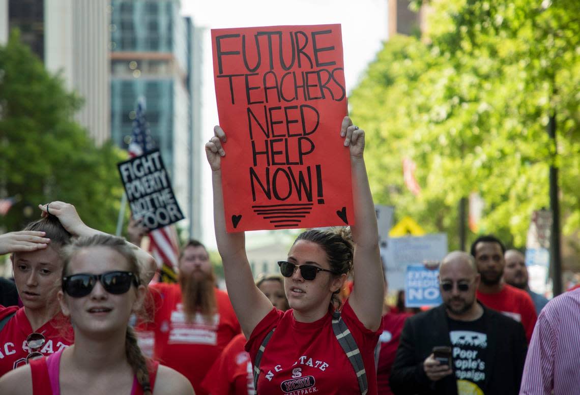 Maddy Leen, who was studying elementary education at NC State in 2019, marched with thousands of teachers during a “Day of Action” organized by the N.C. Association of Educators to call on state legislators to increase funding for public education and Medicaid.