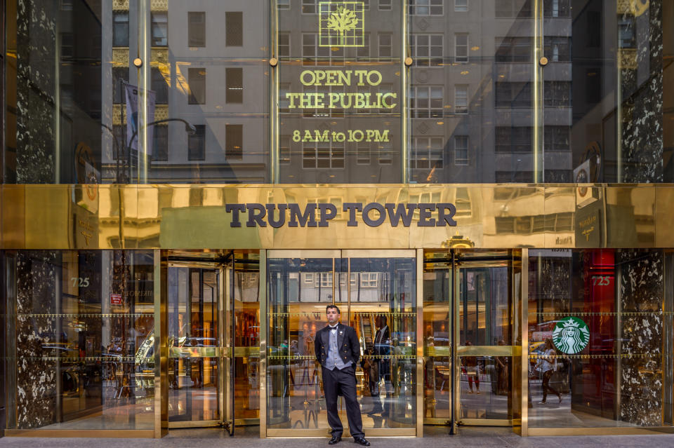 Trump Tower, on New York’s 5th Av, is one of dozens of real estate the president owns (Erik McGregor/Pacific Press/LightRocket via Getty Images)