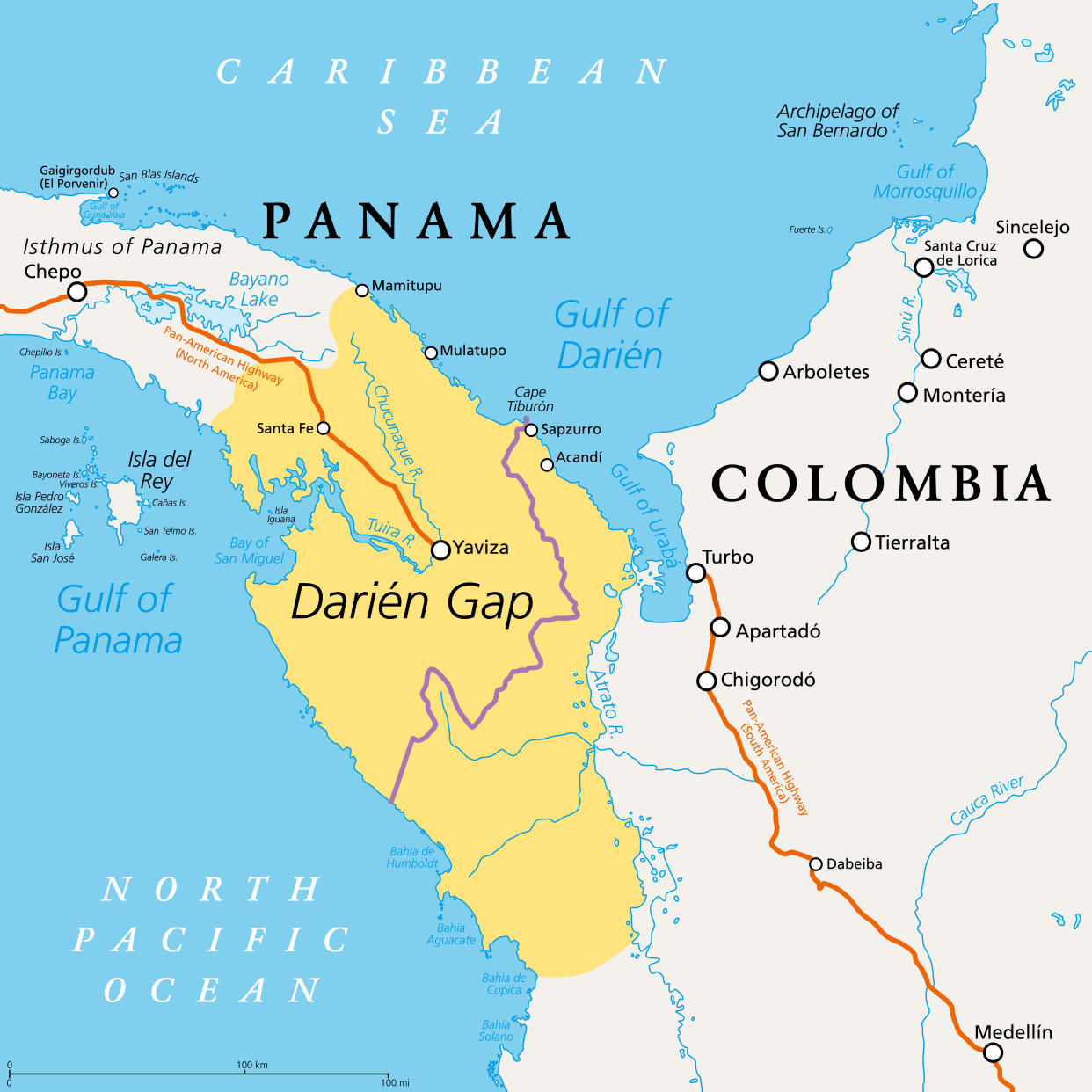 A map showing Darién Gap, a geographical region in the Isthmus of Panama, connecting North and South America with Central America. The gap is in the Pan-American Highway of which a part were not built.