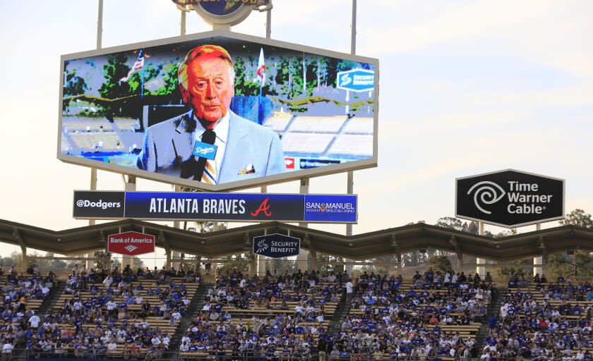 Vin Scully on screen at Dodger Stadium July 29, 2014 in Los Angeles.