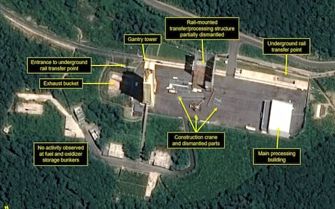 Satellite image shows the apparent dismantling of facilities at the Sohae satellite launching station in North Korea - Credit: AFP