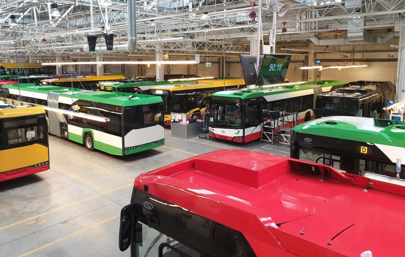 Buses pictured on the assembly line at the Solaris Bus & Coach plant in Bolechowo near Poznan, Poland