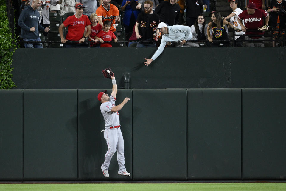 Los Angeles Angels center fielder Mike Trout makes a catch on a fly ball by Baltimore Orioles' Austin Hays for an out during the seventh inning of a baseball game, Tuesday, May 16, 2023, in Baltimore. The Orioles won 7-3. (AP Photo/Nick Wass)