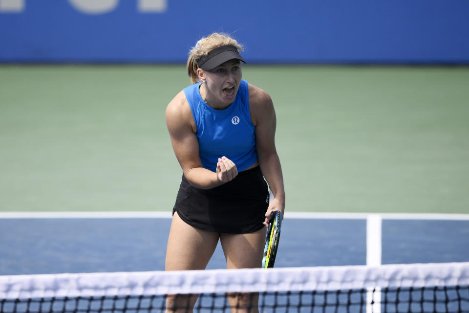 Daria Saville, of Australia, reacts during a match against Kaia Kanepi, of Estonia, at the Citi Open tennis tournament Saturday, Aug. 6, 2022, in Washington. (AP Photo/Nick Wass)