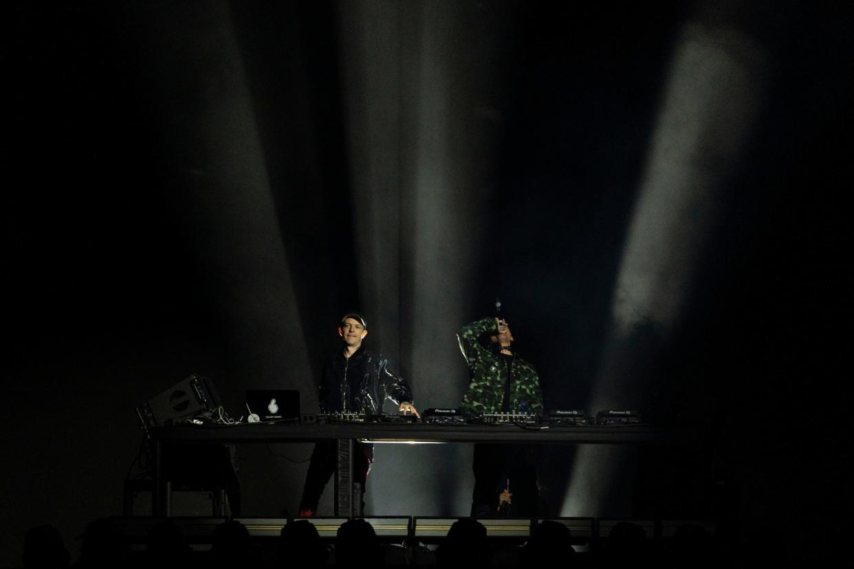 Kx5 performs at the Moody Amphitheater on Saturday, March 18, 2023. The musical ensemble is made up of musicians deadmau5 and Kaskade.