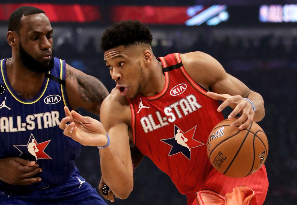 Giannis Antetokounmpo and LeBron James will face off in the All-Star game once again. (Jonathan Daniel/Getty Images)