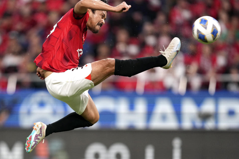 Shinzo Kohrogi of Japan's Urawa Red Diamonds kicks the ball during the AFC Champions League final match between Japan's Urawa Red Diamonds and Saudi Arabia's Al Hilal at Saitama Stadium in Saitama, near Tokyo, Saturday, May 6, 2023. (AP Photo/Toru Hanai)