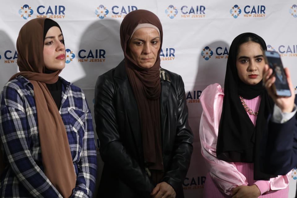 Newark, NJ -- February 15, 2024 -- Ruwayda, Najla Khass and Dina Sayedahmed, CAIR-NJ Communications Managero and others who are concerned for relatives in Gaza took part in a press conference held by CAIR at their office in Newark.