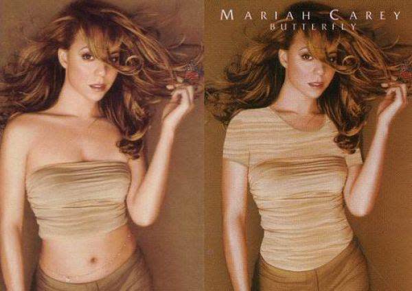 In this photo Mariah's belly chain is banished, her pants become higher-waisted, and neck and shoulders are covered.