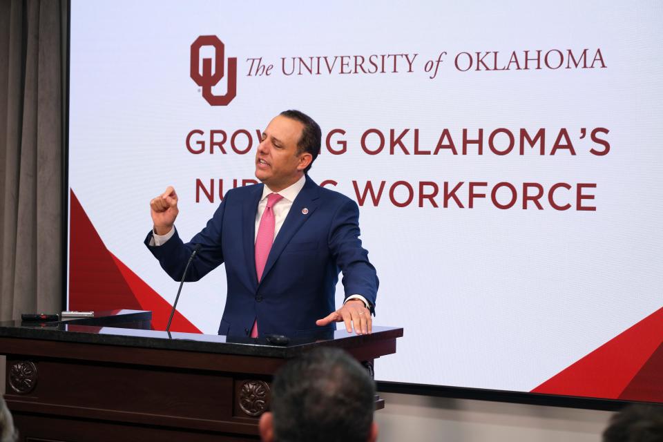 University of Oklahoma President Joseph Harroz Jr. speaks Tuesday at the Capitol during an announcement by OU that it will be able to accept all nursing school applicants to the school of nursing, up from only 40%.