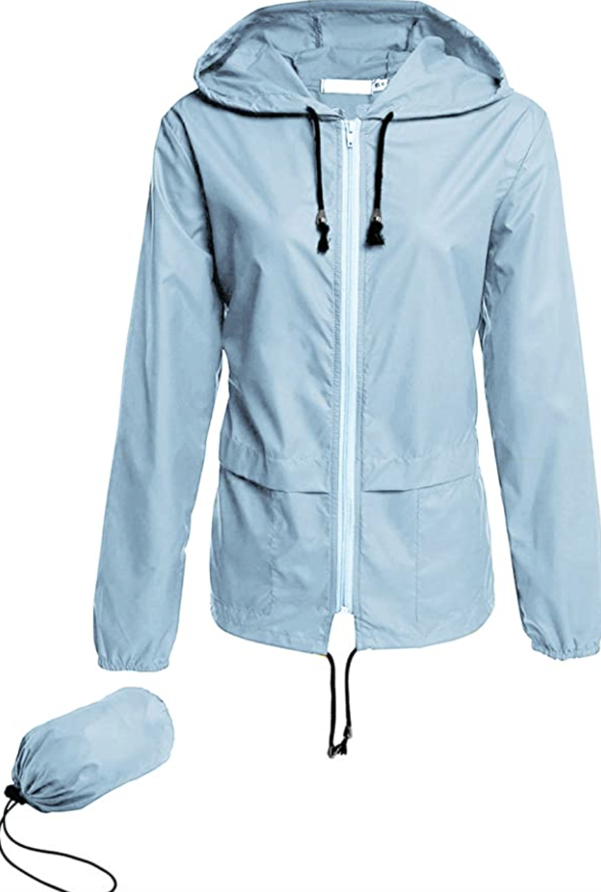 Avoogue Packable Hooded Windbreaker in light blue with matching packable bag (Photo via Amazon)