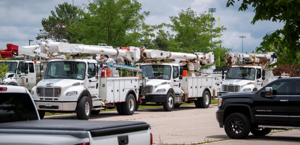 Peaches Power trucks parked at Memorial Stadium on Wednesday, June 26, 2024, after a supercell thunderstorm passed through Bloomington the night before.