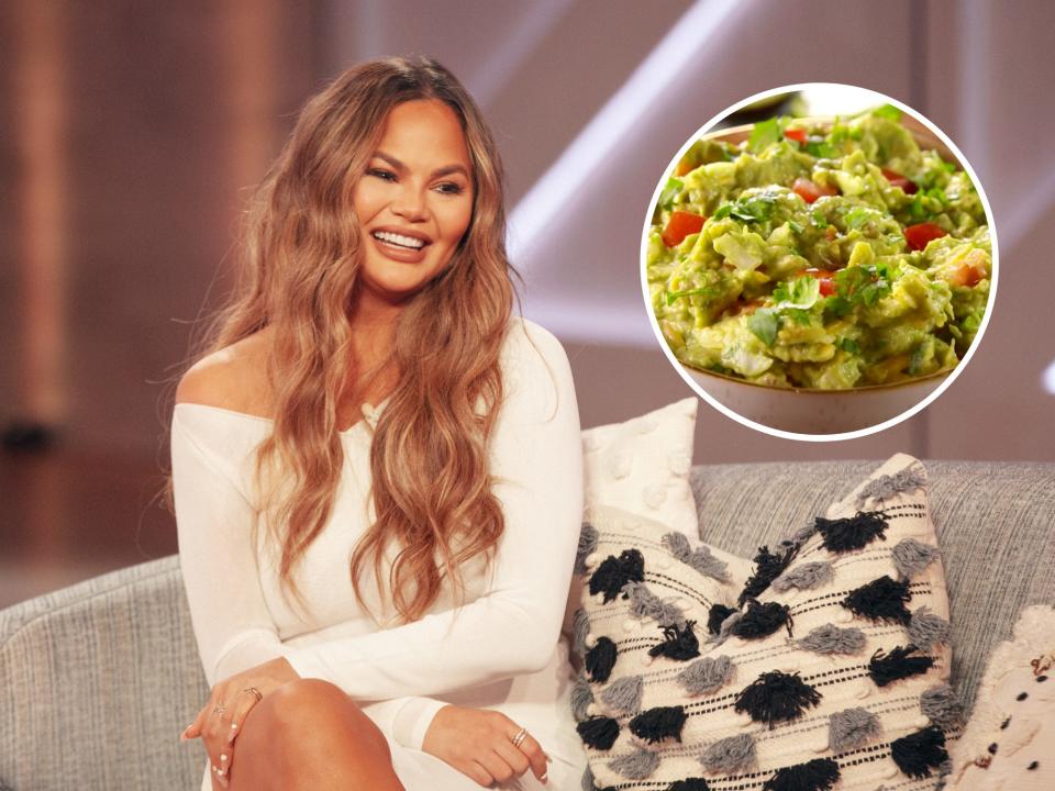 chrissy teigen sitting on beige couch and guacamole in white circle