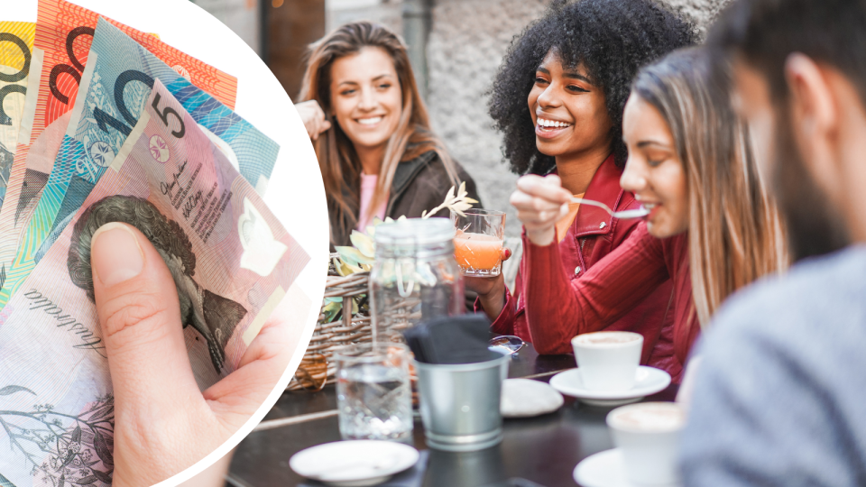 Composite image of women laughing at a cafe, and Australian money.