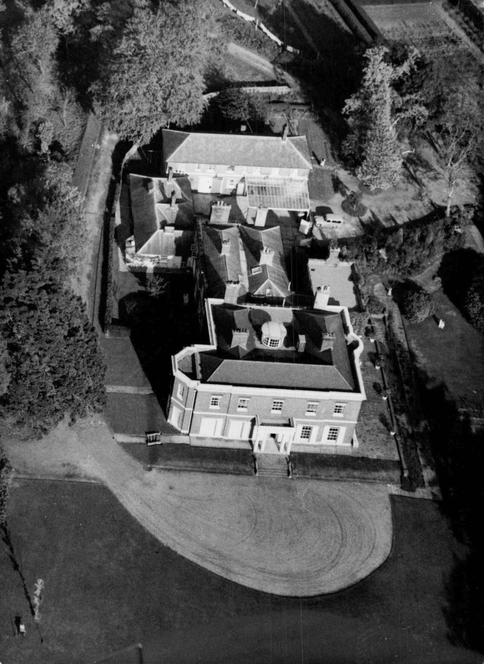 ‘Where Princess Margaret Is Staying’: an aerial photograph for the Associated Press (October 1955) showing Uckfield House, where Princess Margaret was spending the weekend while Group Captain Peter Townsend was staying nearby - Associated Press Photo