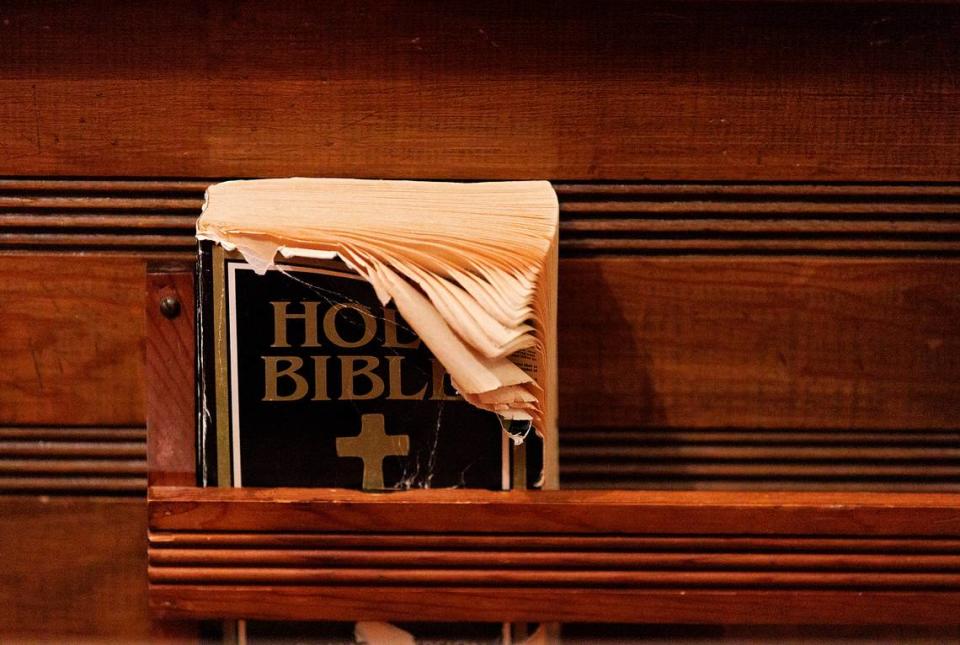 A Bible rests in a pew during a service at Dickerson Chapel AME Church on Sunday, April 21, 2024, in Hillsborough, N.C.