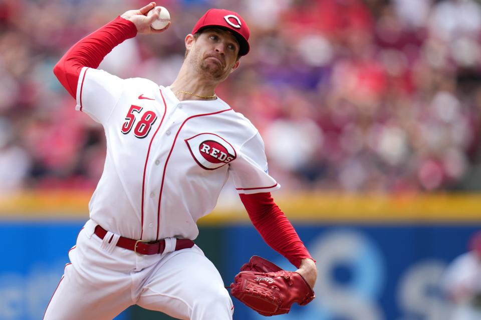 Jun 25, 2023; Cincinnati, Ohio, USA; Cincinnati Reds starting pitcher Levi Stroudt (58) delivers in the first inning of a baseball game against the Atlanta Braves at Great American Ball Park. Mandatory Credit: Kareem Elgazzar-USA TODAY Sports