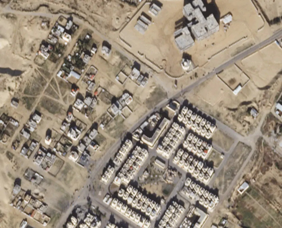 Satellite images from Dec. 3 and Dec. 10 show a growing tent camp outside of Rafah in southern Gaza. (Planet Labs)