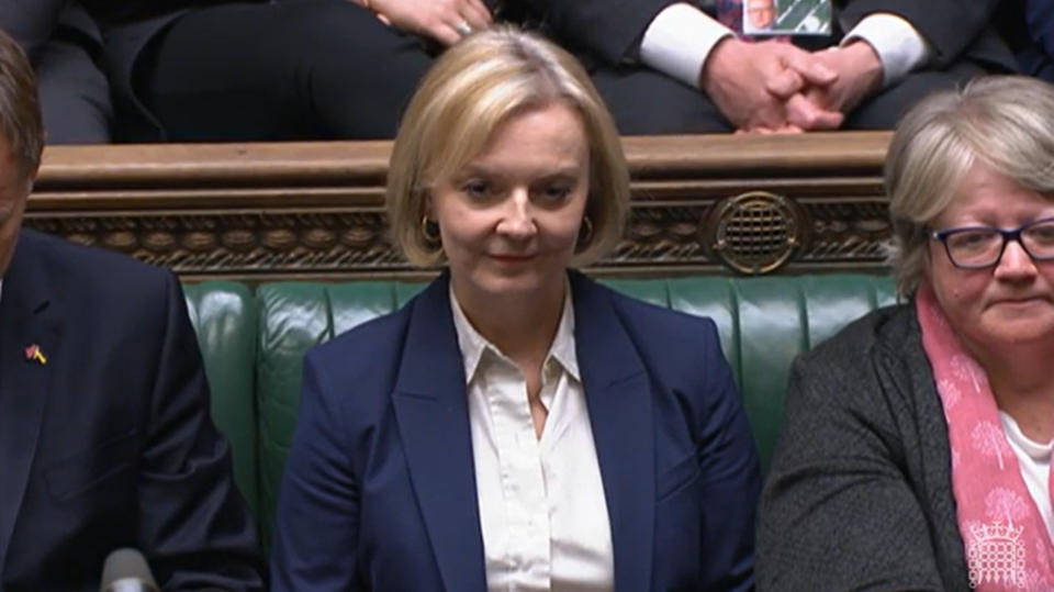 Screen grab of Prime Minister Liz Truss listening to Shadow Chancellor Rachel Reeves' response the Chancellor's statement in the House of Commons, London. Picture date: Monday October 17, 2022. (Photo by House of Commons/PA Images via Getty Images)