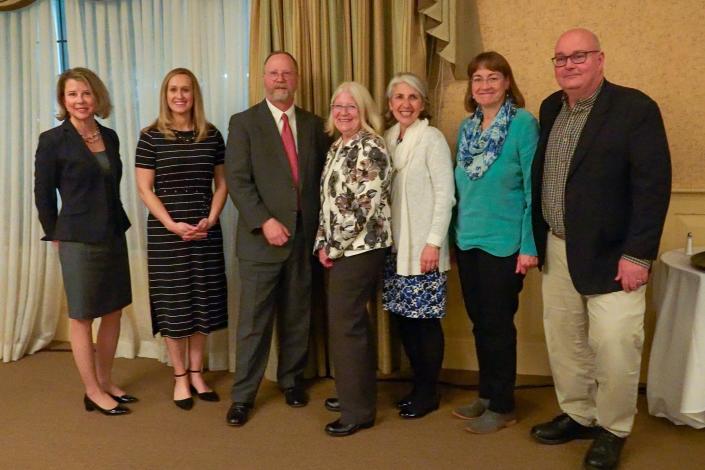 Members of the Wentworth-Douglass staff celebrate the Community Impact Award on behalf of all hospital employees. From left to right: Martha Wassell, Kayla Fitzgerald, Jeffrey Hughes, Peg Gagne, Nancy Pettinari, and Ginny and Bill Hassett.