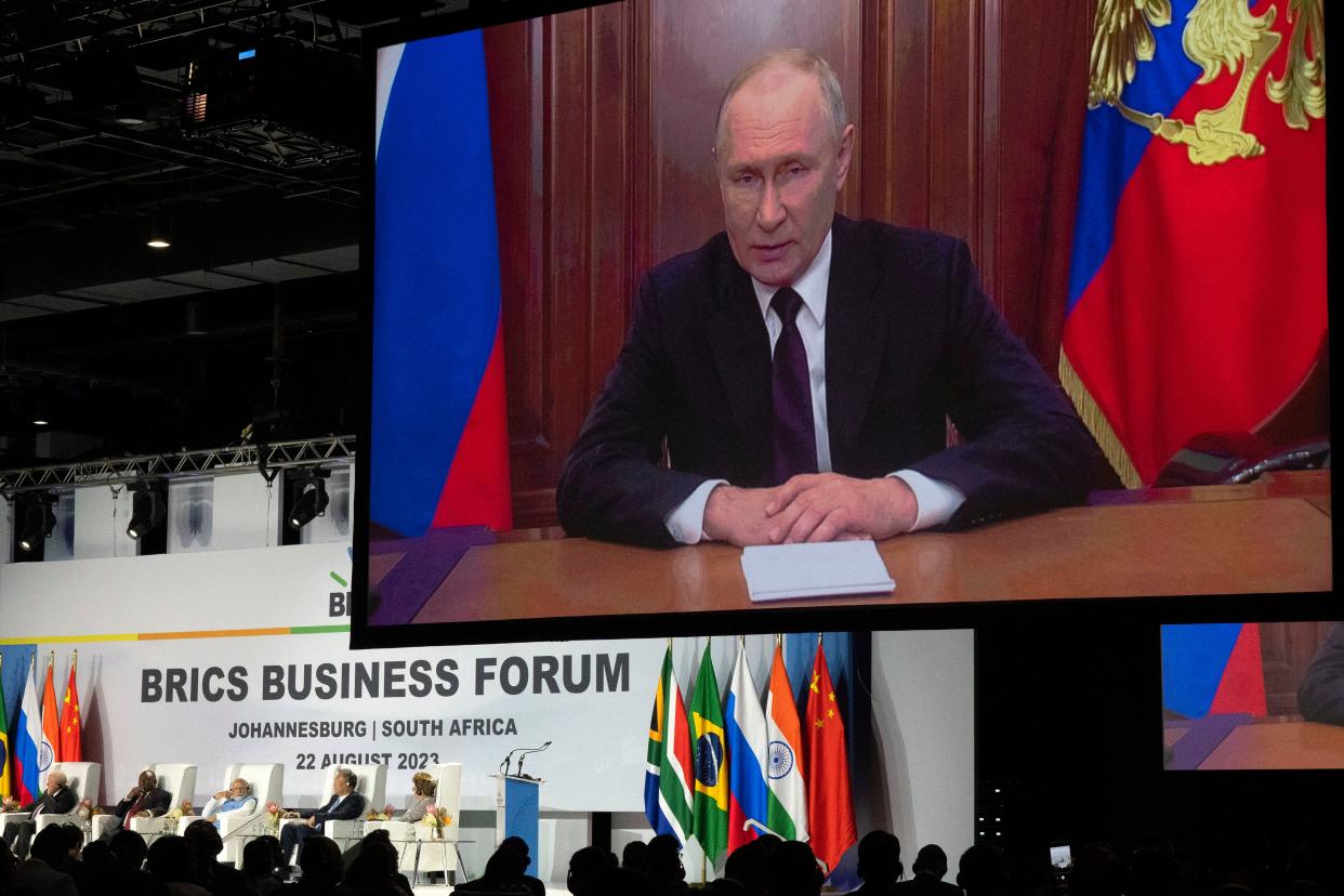 Putin appeared via video link at the BRICS summit in South Africa (Copyright 2023 The Associated Press. All rights reserved.)