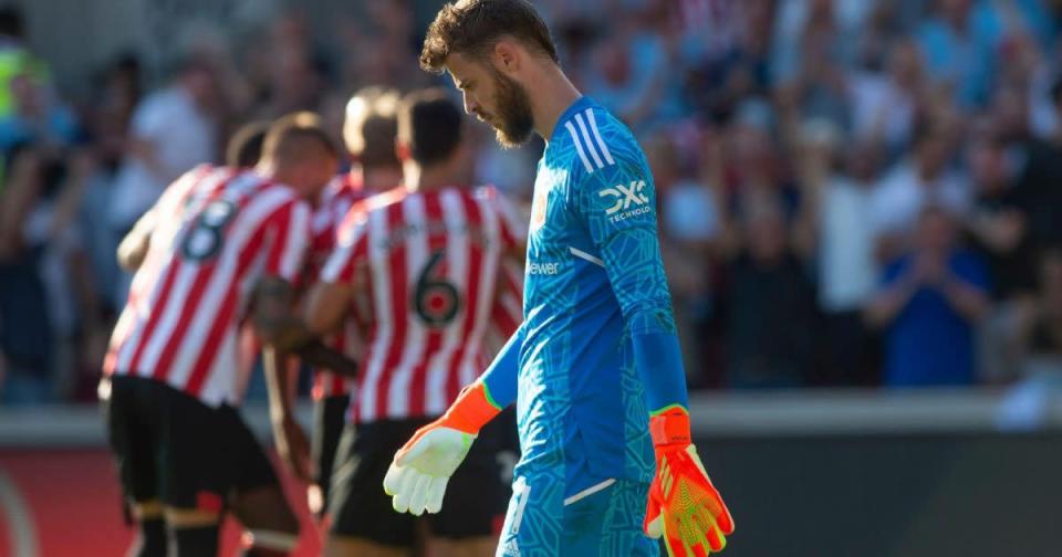 David De Gea reacts while Brentford celebrate scoring against Manchester United. Credit: PA Images