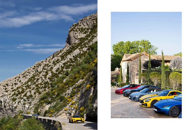 <p>Emilie Malcorps</p> From left: Speeding through the mountains near Grasse on a supercar tour of the French Riviera; models from Ferrari, Audi, Lamborghini, Mercedes, and Aston Martin await Ultimate Driving Tours guests outside Château de la Gaude, in Aix-en-Provence.
